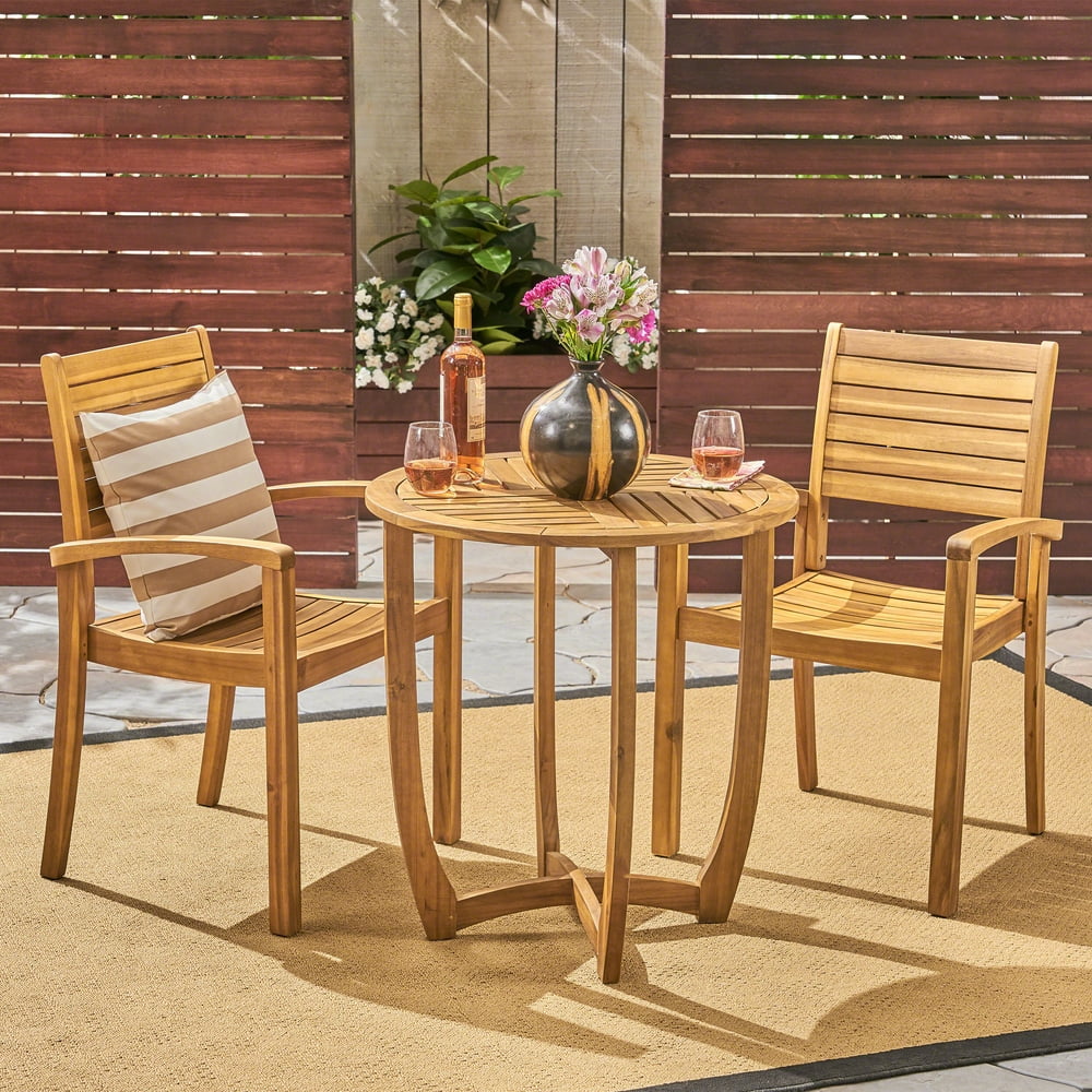 Wells Outdoor 3 Piece Acacia Wood Bistro Set, Teak