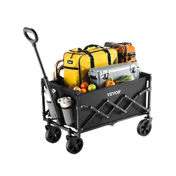 VEVOR Carrito Plegable para Exteriores, Carro de Transporte Plegable de 660 x 450 x 460 mm con Ruedas Todoterreno, Asa Ajustable Capacidad de Peso de 102,06 kg, para Playa, Jardín, Color Negro