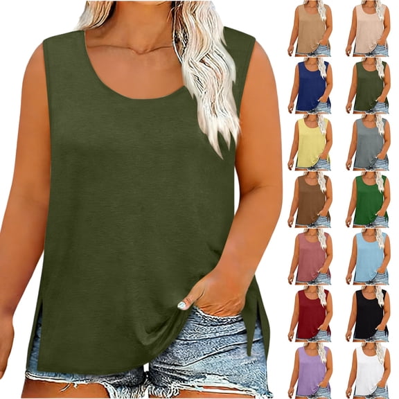 Women's Summer Vibrex Knit Ribbed Plus Size Tank Top, Fashion Casual Solid Round Neck Side Split Sleeveless Camisole, Breathable Knit Ribbed, Multiple Colors for Daily & Leisure Wear
