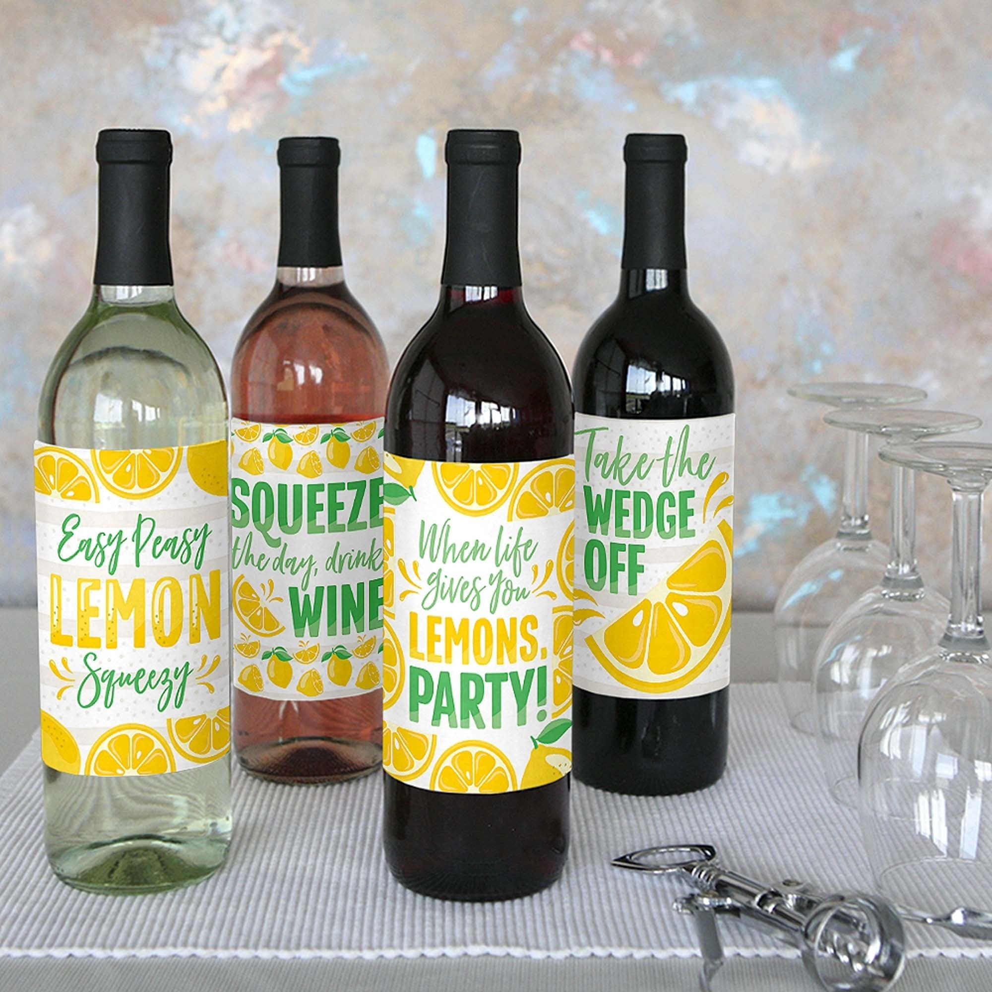 So Fresh - Lemon - Citrus Lemonade Party Decorations for Women and Men - Wine Bottle Label Stickers - Set of 4