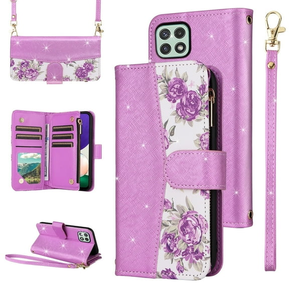 Furiet for Samsung Galaxy A22 5G Floral Wallet Case with Flip Zipper Purse Wrist Strap Shoulder Strap, Luxury Glitter PU Leather Card Holder Stand Cell Phone Cover for A 22 22A A22s G5 Women Purple