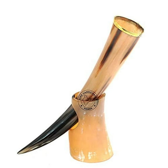 Hind Handicrafts Drinking Horn with Stand - Genuine Handcrafted Viking Horn Cup for Mead, Ale and Beer