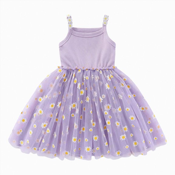 BOBOGOJP Toddler Baby Girls Summer Dress Daisy Print Sleeveless Rib Mesh Layered Butterfly Cami Dress Birthday Tulle Tutu Dress Purple,Size 18-24 Months