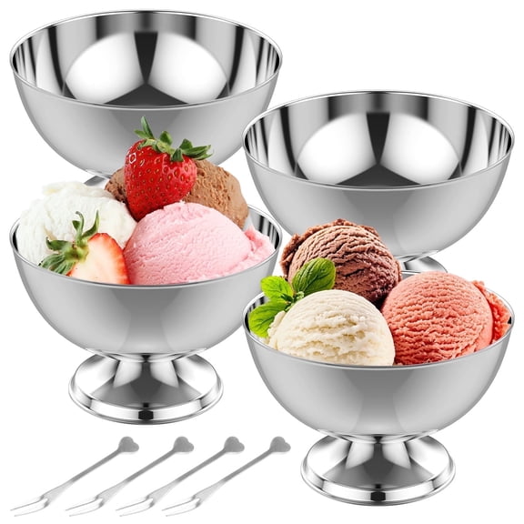 Xiyztok 4Pcs Stainless Steel Ice Cream Bowl with 4 Fork Reusable Pudding Cup Portable Dessert Bowl for Dessert Sundae Salad Cocktail Condiment Trifle,Silver