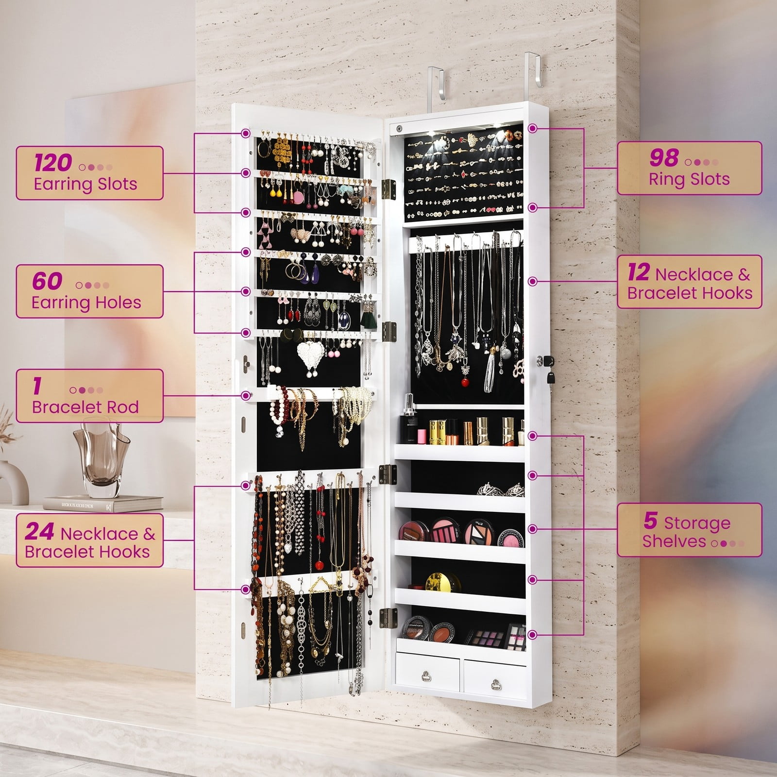 Furnibear Lockable Wall and Door Mounted Jewelry Cabinet with Full-Length Mirror and LED Lights for Bedroom Ring and Necklace Storage, White