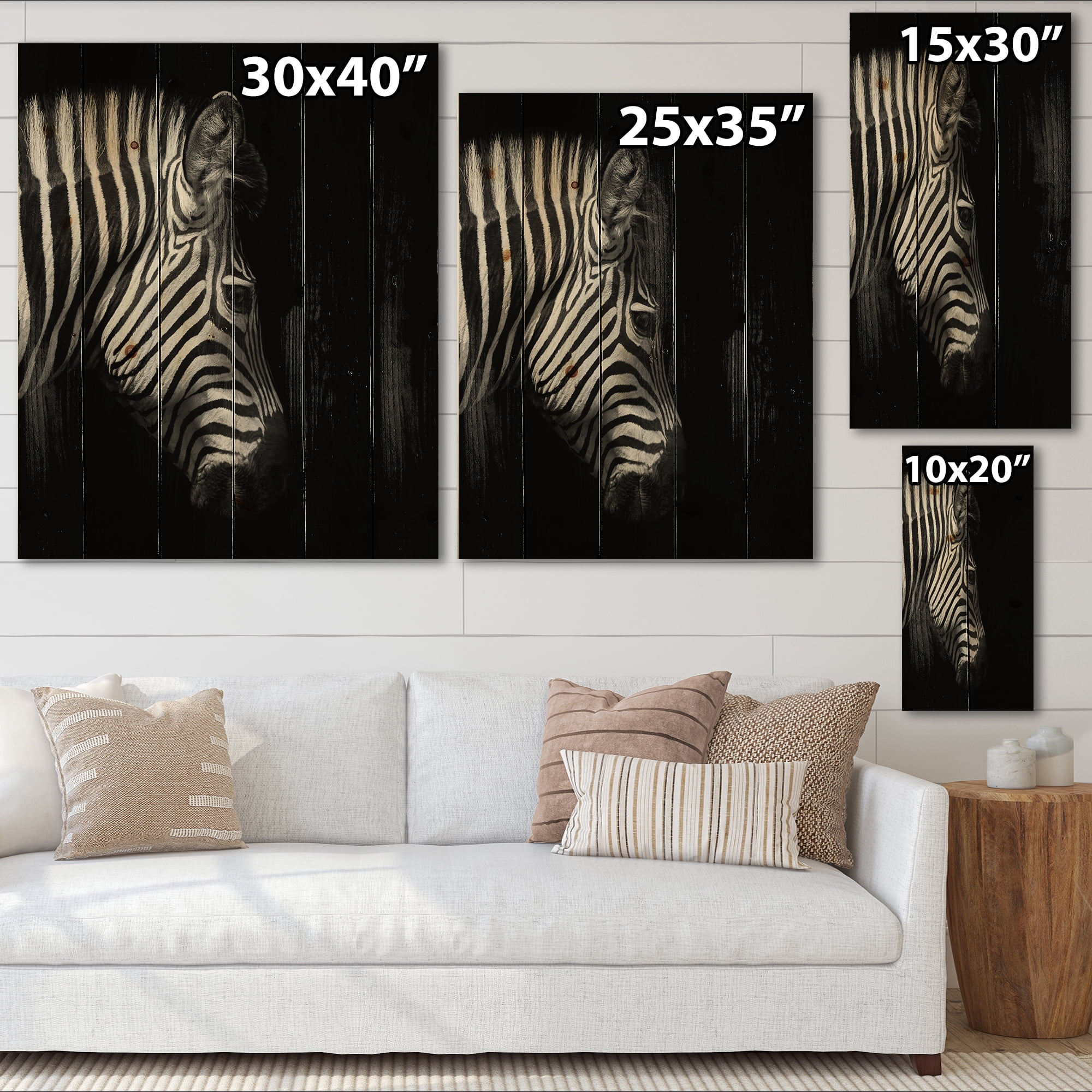 Designart 'Black and White Portrait of Zebra Head' Farmhouse Print on Natural Pine Wood
