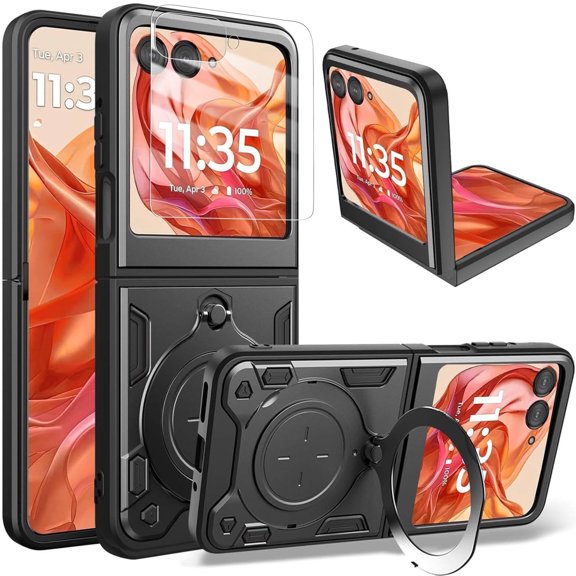 ShieldPlus Case for Motorola Razr 2024 with Screen Protector, Military Grade Drop Protective Rugged Shockproof Protective Cover with Kickstand, Compatible Magnetic Car Mount,Black