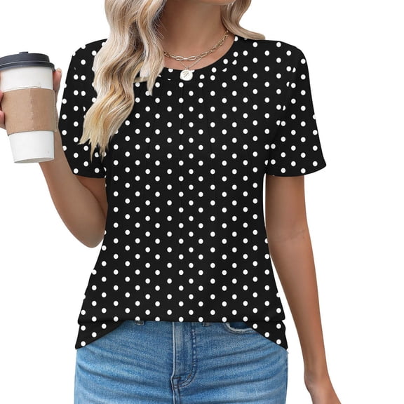 VgaVtl T Shirts Women Short Sleeve Tunic Plus Size Tops Women Loose Vacation Polka Dots Casual Retro Shirts,Black S