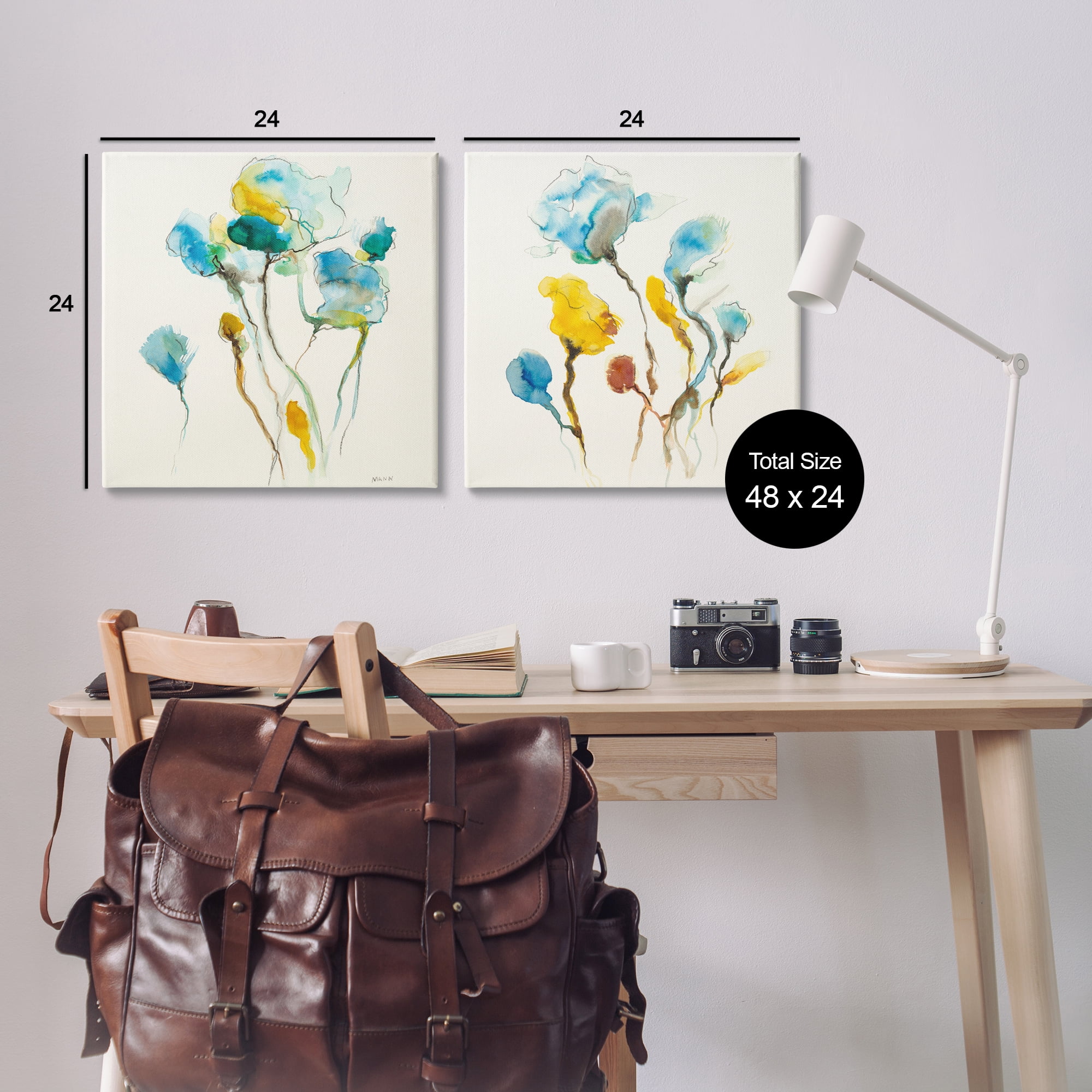 Stupell Industries Watercolor Teal & Yellow Flowers Abstract Painting Wrapped Canvas Art Print Wall Art, 24 x 24, Set of 2