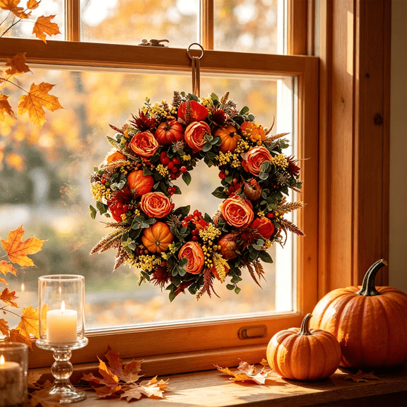 Tyidzon Fall Wreath, Thanksgiving Artificial Harvest Wreath with Peony and Pumpkin Accents, Autumn Front Door Decor, 17.7 in
