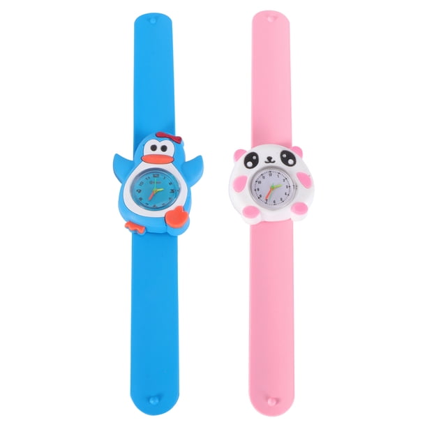EeaseMX 2 relojes de dibujos animados para niños, relojes creativos de pulsera de cuarzo para niños, regalos creativos para estudiantes (1 de cada uno con estampado de pingüino azul y panda rosa)