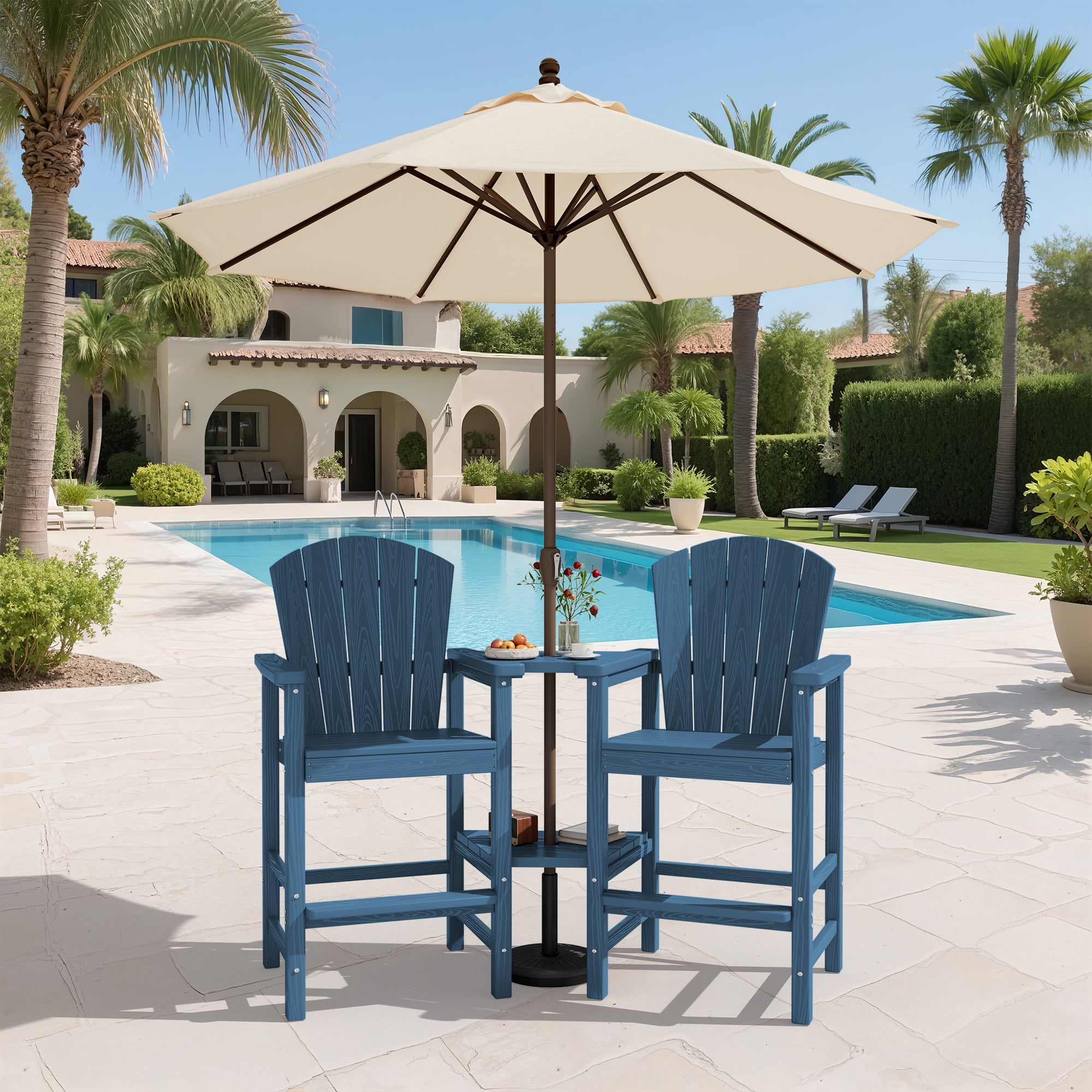 SERWALL Tall Adirondack Chairs Set of 4 with Double Layer Connecting Tray, HDPE Bar Height Outdoor Chairs, for Patio, Balcony, Porch, Pool, Navy