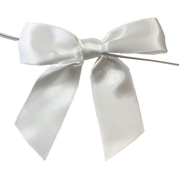 Pre-Tied White Satin Bows - 4 1/2" Wide, Set of 12, Wired Craft Ribbon, Wedding Embellishments, Memorial Day, 4th of July, Gift Basket, Birthday, Christmas