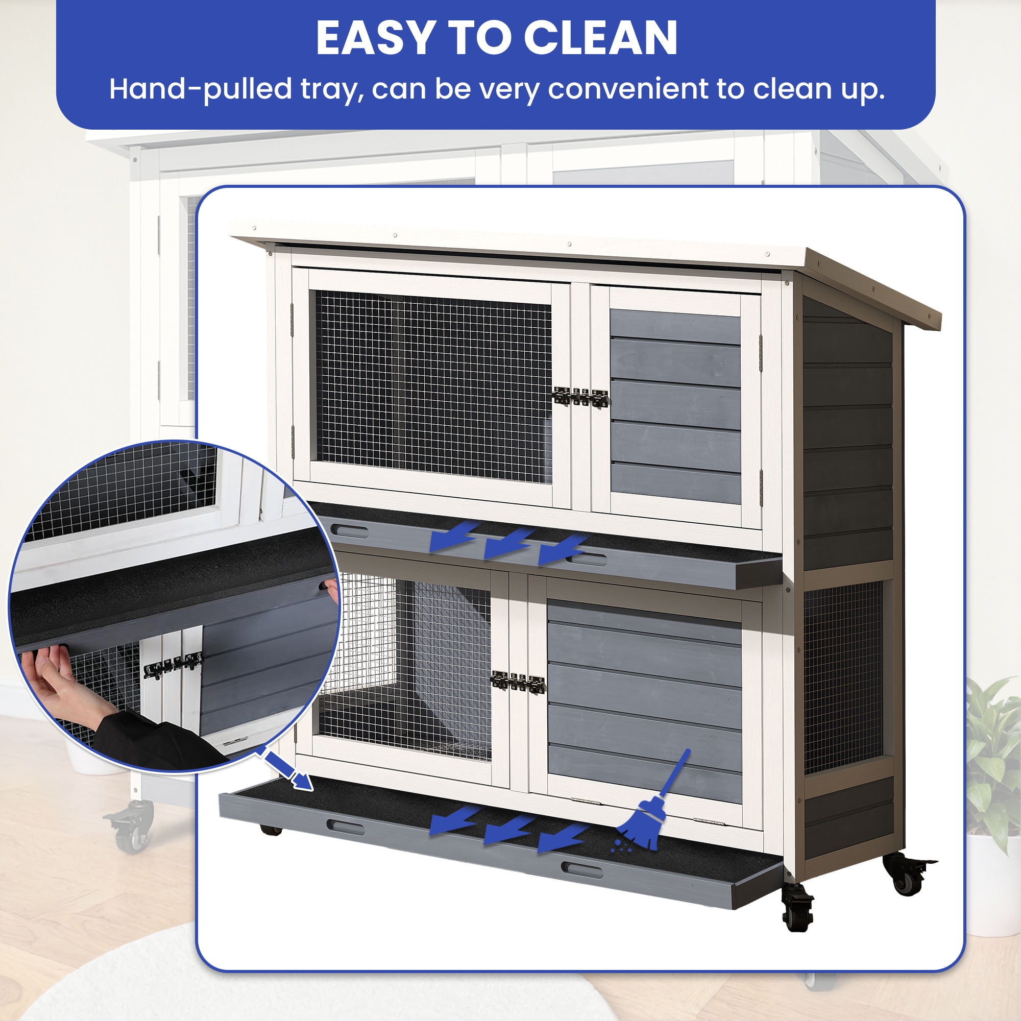 ModFusion 41" Portable Rabbit Hutch with Wheels, Opening Roof & Removable Tray for Indoor/Outdoor
