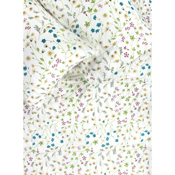 Melange Home Printed Design Cotton Collection 400 Thread Count Wildflower Bed Sheet Set White Queen