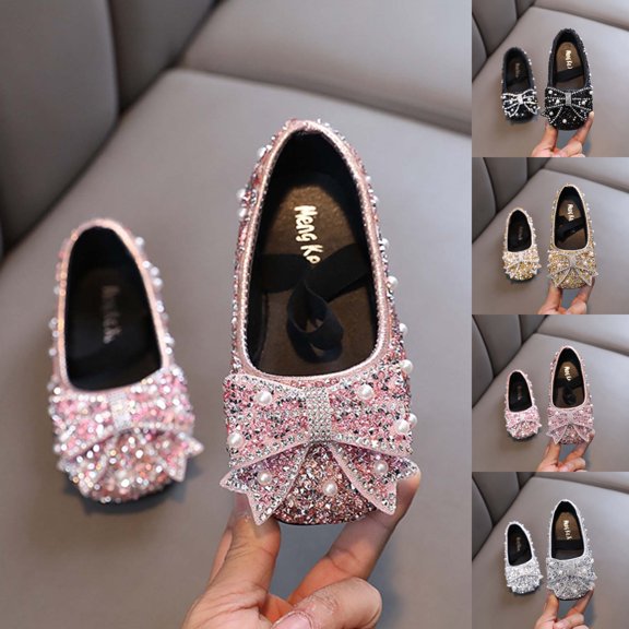 SGFCWSX Girls Ballet Flats Kids Rhinestone Pearl Bow Mary Jane Wedding Party Flower Girl Shoes Pink Size 11 Little Kids