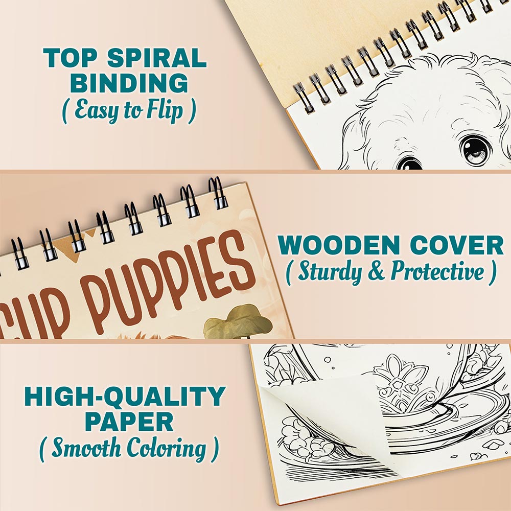 Netecom Teacup Puppies Coloring Book Spiral Bound for Adults, A5 Wooden Cover, 30 Adorable Puppies in Cute Teacups Coloring Pages for Stress Relief and Relaxation