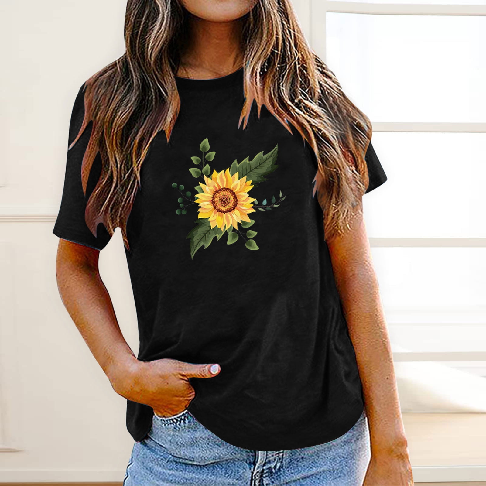 USSUMA Juniors Basic Cute Graphic Womens Tops Summer Loose Fit Sunflower  Print Summer Top and Blouses Trendy Short Sleeve Shirts T-Shirt for Women  Dressy Round Neck Tunic Plus - Walmart.com