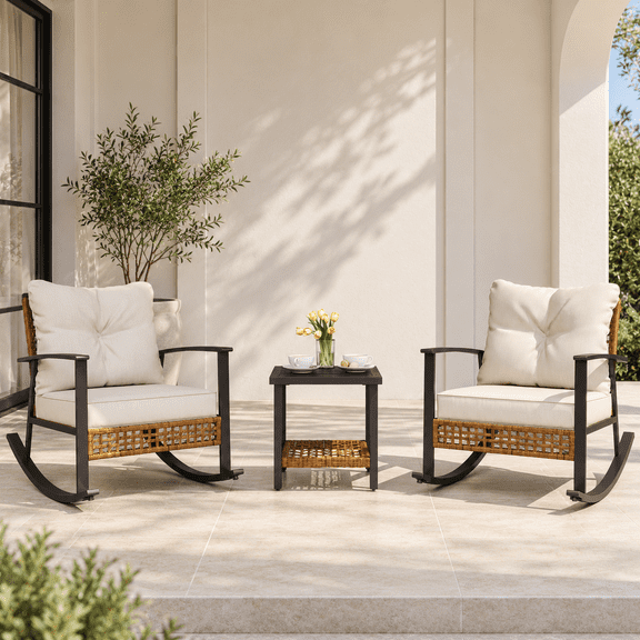 KAMEROUT 3-Piece Patio Conversation Set, PE Wicker Rocking Chairs with Cushions & 2-Tier Coffee Table, Outdoor Furniture for Backyard/Patio, Beige