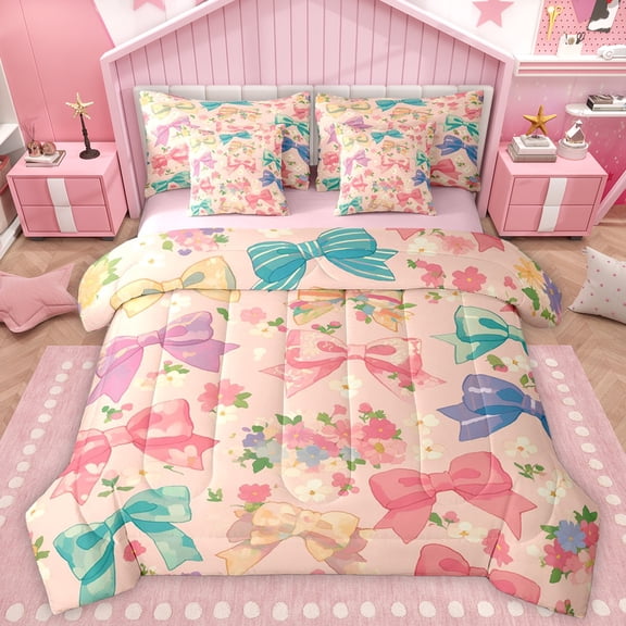 Homewish Kawaii Princess Bowknot Twin Bedding Sets 7-Piece for Girl, Vintage Cherry Blossoms Bedding Comforter Set, Fairy Tale Reversible Sheet Sets, Breathable Home Decor