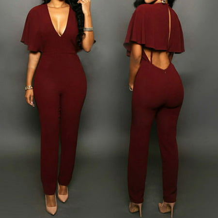 Summer style deep v neck backless women jumpsuit plus size sexy ladies short sleeve jumpsuits Wine Red Size S