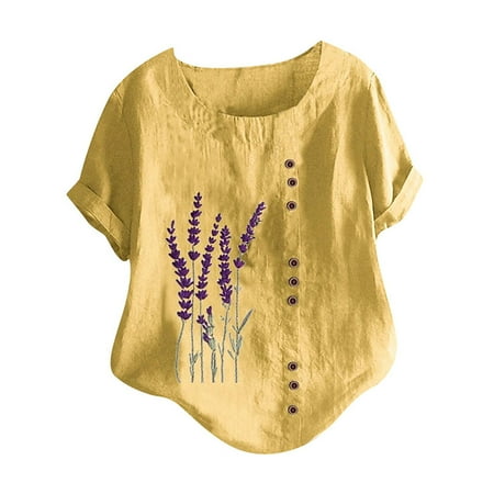 

Plus Size Tops for Women Womens Shirts Women Lavender Flowers Printed Cotton and Linen Loose Fit Leisure Shirts Nursing Tank Tops Black Corset Top on Sale Clearance Yellow M