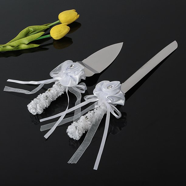 Flower Bouquet Wedding Cake Server Set White Ribbon & Swarovski Crystal