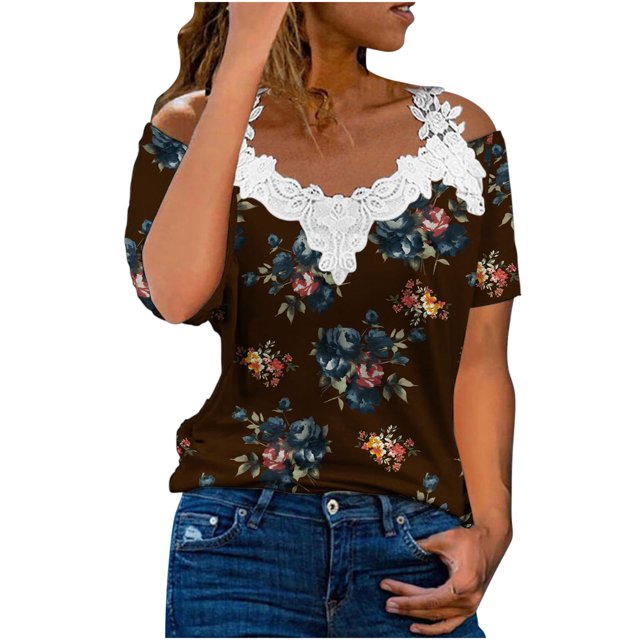 Blusa informal de manga corta con cuello en V y encaje con hombros descubiertos para mujer OAVQHLG3B Store lin121212