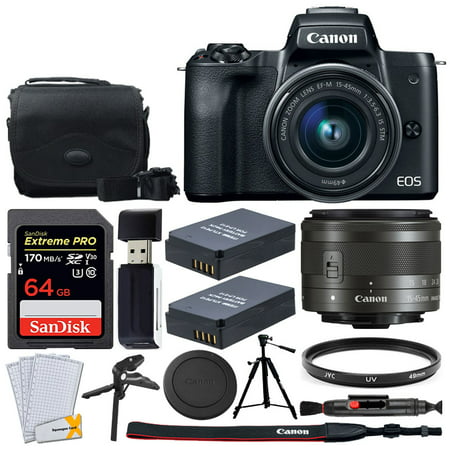 Canon EOS M50 Mirrorless Digital Camera + EF-M 15-45mm f/3.5-6.3 IS STM Lens + 64GB Memory Card + Camera/Camcorder Bag + Quality Tripod + 49mm UV Filter + 2x LP-E12 Replacement Batteries +