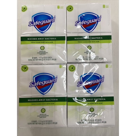 4-Pk Safeguard Antibacterial Bar Soap Fresh Clean Scent With Aloe 8-4oz Bars Ea