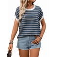 thumbnail image 3 of Women'S Sweater Vest Striped Pullover Tank Top Round Neck Cap Sleeve Light-Weight Summer Casual Clothes Navy Blue L, 3 of 9