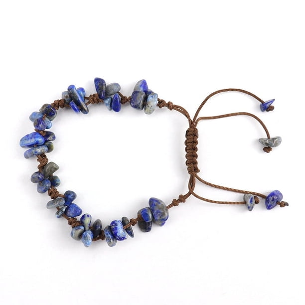 Nvzi Pulsera de cuentas hecha a mano, pulsera tejida a mano pura de cristal de piedra triturada natural con cuerda ajustable (azul oscuro)