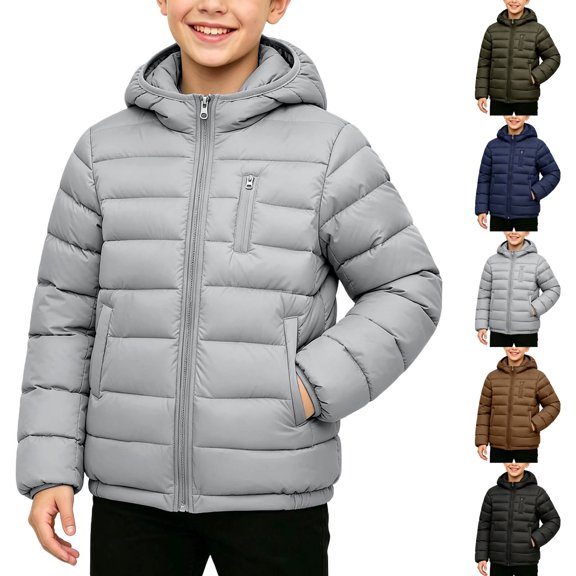 BXJX Boys Hooded Puffer Jackets, Full Zip Long Sleeve Warm Fall Winter Outerwear with Pockets Gray Size 14/16 T