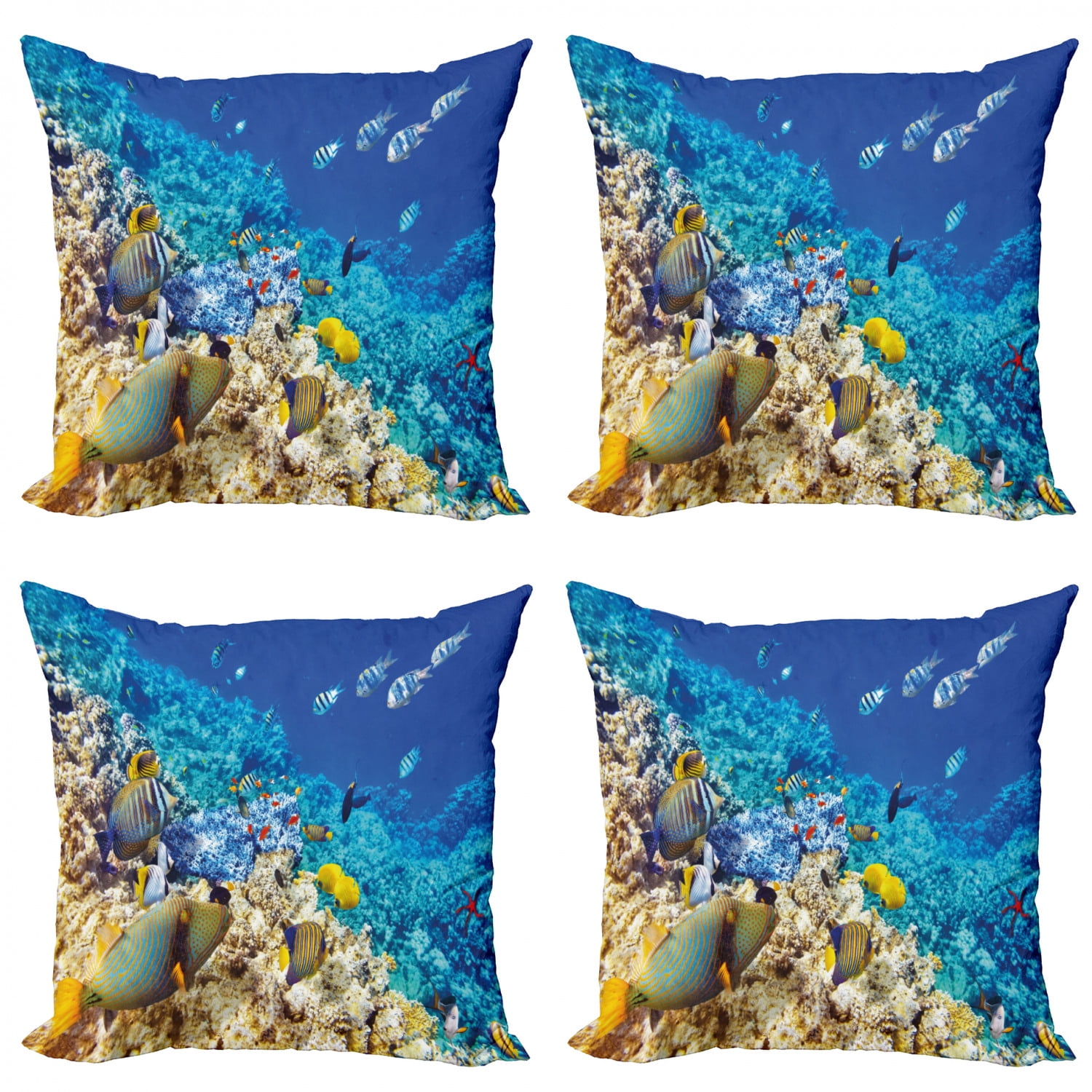 Fish Throw Pillow Cushion Case Pack of 4, Barrier Reefs Covered Sea with Lagoon and Zebrafish
