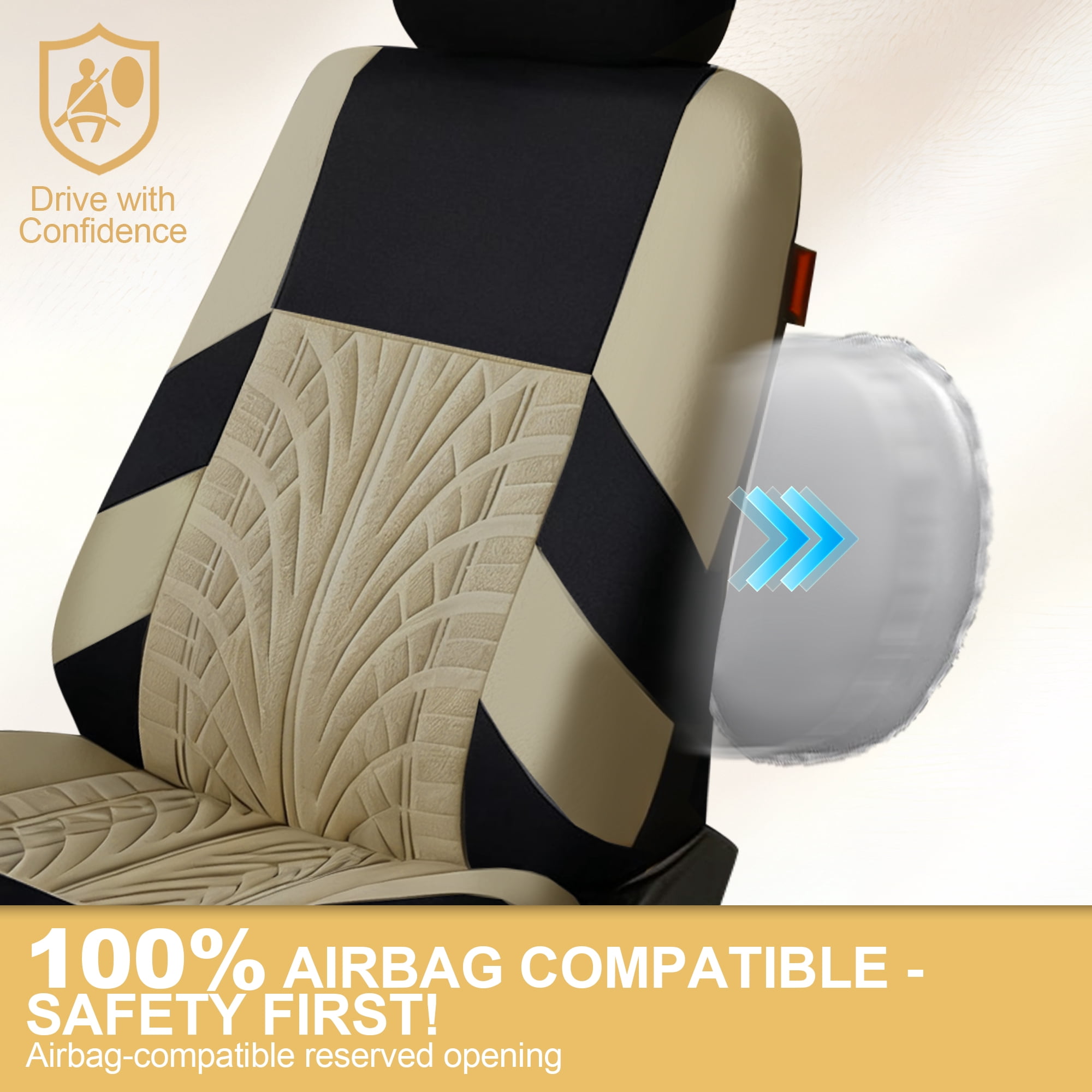 FLORAY 9-Piece Car Seat Covers Full Set - Airbag Safe, Thickened Quilted Cloth, Machine Washable - Universal Fit for Cars, SUVs & Trucks (Solid Rear Bench), Beige