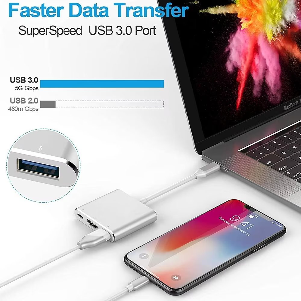 USB-C to HDMI Adapter Type-C 3 in 1 Converter Cable Thumderbolt 3 to HDMI 4K Video Converter USB 3.0 Hub Port PD Quick Charging Port with Large Projection