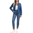 thumbnail image 2 of INSPIRE CHIC Women's Denim Peplum Jacket Casual Button Down Long Sleeve with Pockets Stretchy Ruffle Jean Jackets M Blue, 2 of 6