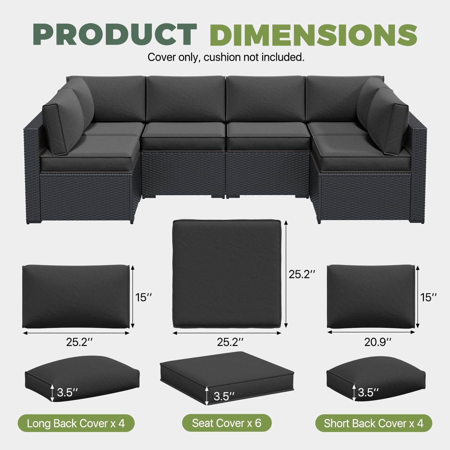 BaPiPro 14 Pack Black Outdoor Patio Sofa Cushion Replacement Covers, Fade‑Proof, Waterproof & Zippered, Wear‑Resistant, Stain‑Resistant Easy‑to‑Clean Slipcovers for Rattan Sectional Furniture