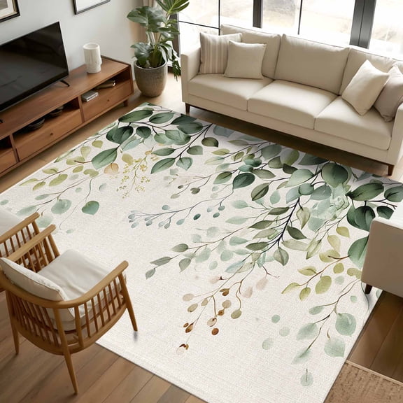 8x10 Area Rugs Sage Green Eucalyptus Non-Skid Rubber Backing Large Rectangle Rugs - Living Room Bedroom Home Office, Traditional Tree Branch Leaf Plant Indoor Floor Mat Carpets Washable Rug