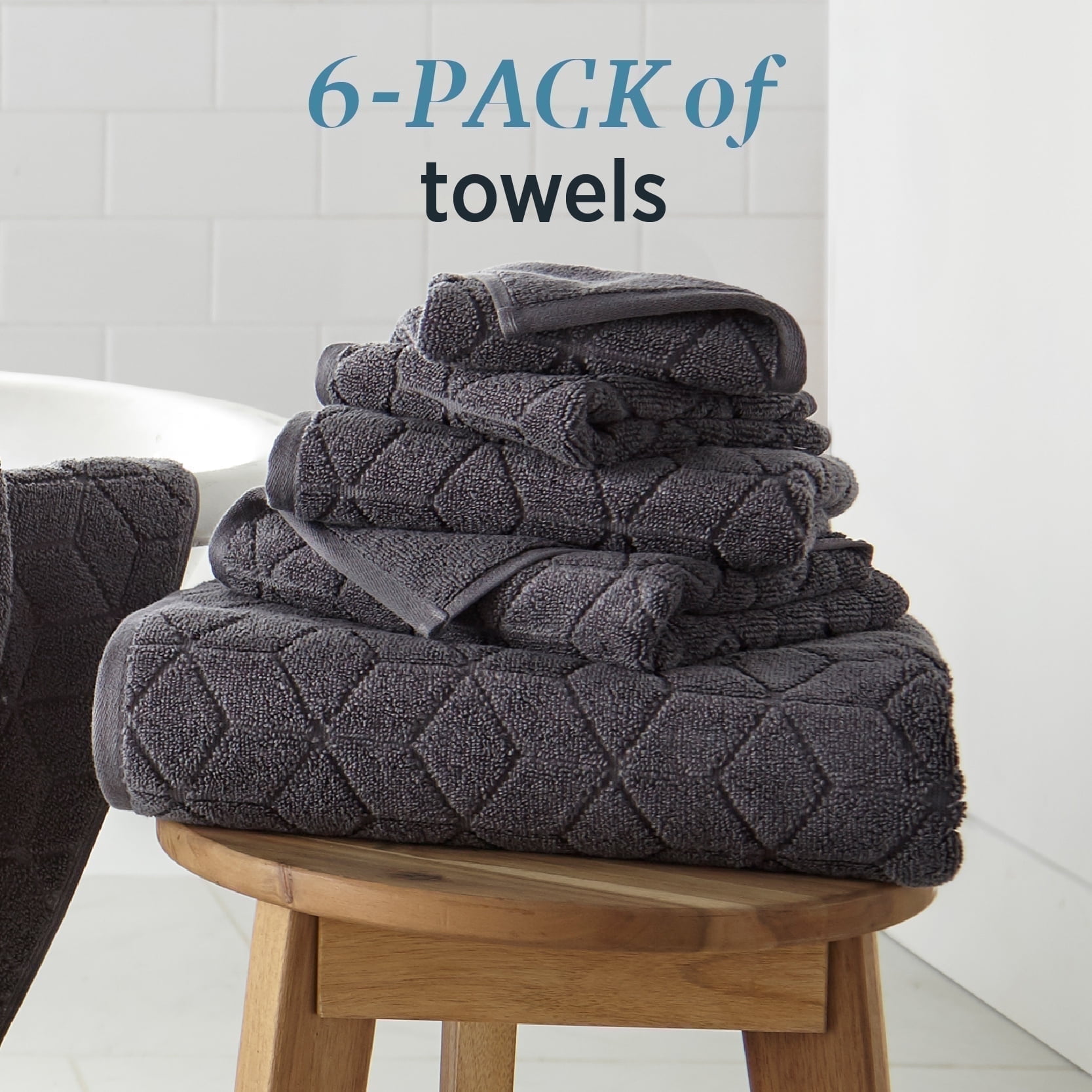 WelHome 100% HYGROCOTTON® 6-Piece Textured Soft Towel Set, Quiet Shade, 550 GSM, 2 Large Bath Towels 30" x 56", 2 Hand Towels, 2 Washcloths, Absorbent & Plush Bathroom Towels