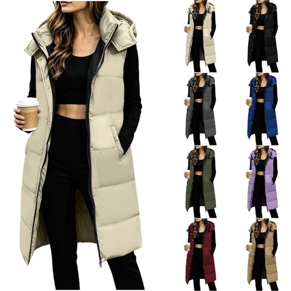 Women's Puffer Vest Long Hooded Winter Vest Jacket Sleeveless Zip up Quilted Jacket Solid Color Lightweight Coat with Pockets