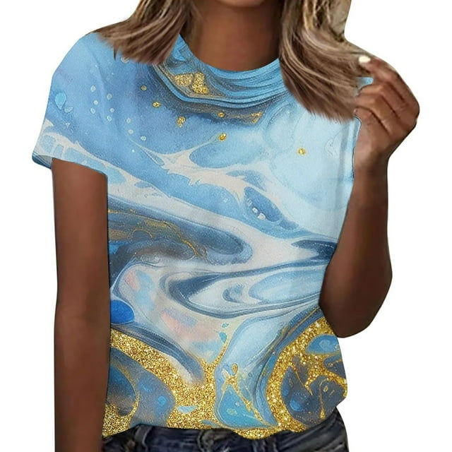 T-Shirt à Manches Courtes à Col Ras du Cou avec Imprimé Graphique pour Femme, Idéal pour le Printemps et l'Été, Style Décontracté, Tissu Confortable et Doux avec Denim