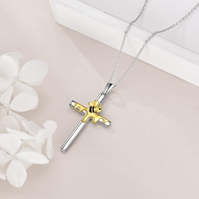 DOLIOX Cross Necklace for Women Sterling Silver Butterfly Bee Ladybug Pendant Necklaces Insect Jewelry Christian Gifts for Women