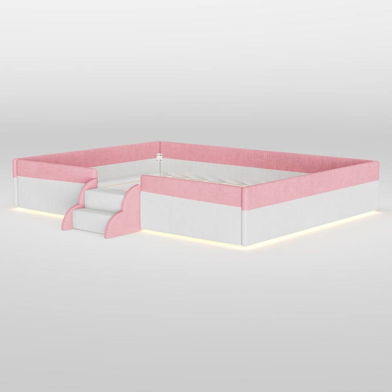 Queen Size Upholstered Floor Bed with Fence, Corduroy Montessori Bed Toddler Bed with 2-Tier Steps and Smart LED Lights, Low Profile Platform Bed for Kids