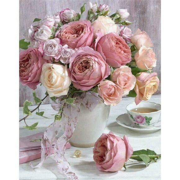 fashionhome Peinture Diamant 5D Fleurs Roses Vase Perçage Complet Kits de Strass Broderie Image