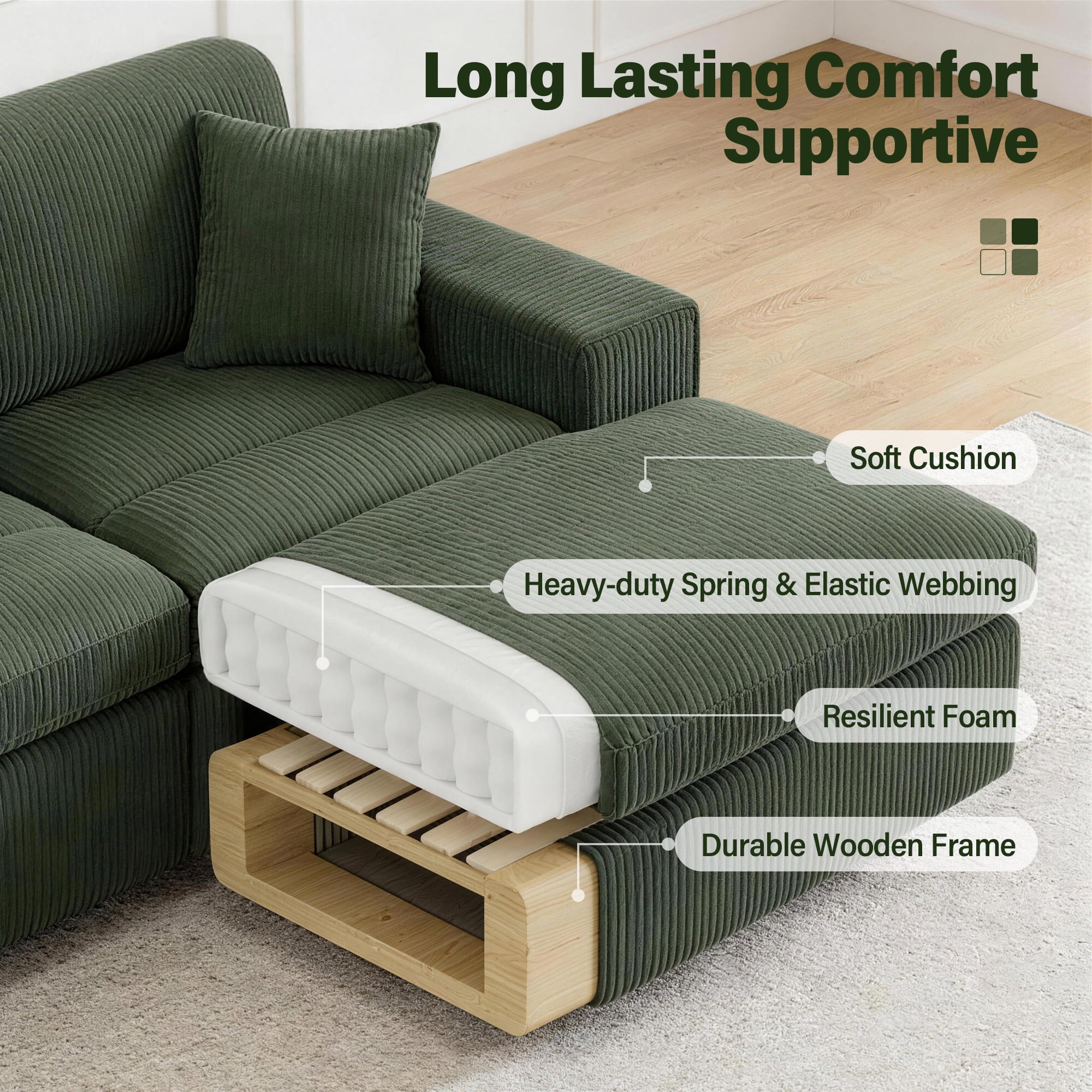 AENKYO U-Shaped Modular Sectional Sofa, Deep Seat Convertible Couch with Chaise for Living Room,Green