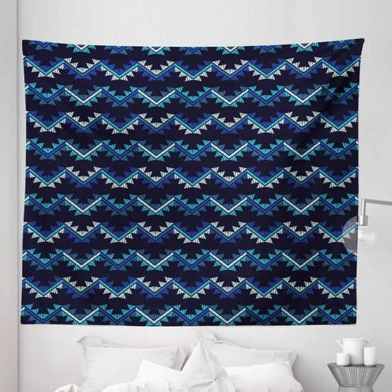 Aztec Tapestry, Cultural Zigzags Oriental Vibes, Fabric Wall Hanging Decor for Bedroom Living Room Dorm, 5 Sizes, Blue Dark Night Blue, by Ambesonne