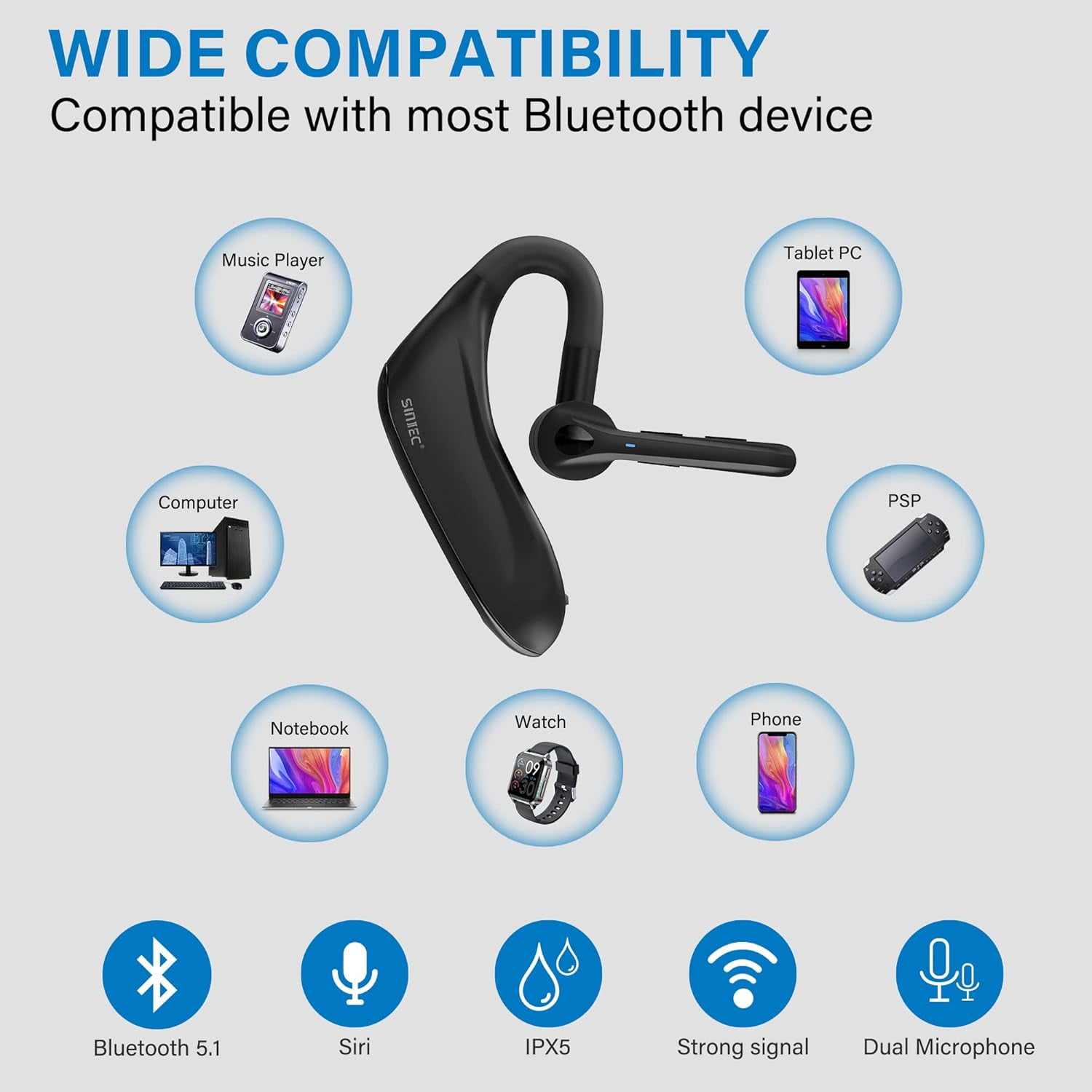 Sunitec Single-Ear Wireless Headset with Dual Microphones, Noise Cancelling, USB Dongle, 45H Talk Time, for PC/Mac