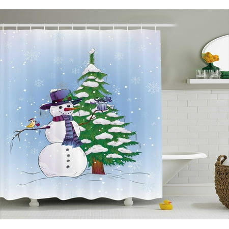 Christmas Decorations Shower Curtain Set Snowman In Winter With Christmas Decorations Shower Curtain Set Snowman In Winter With Mistletoe Gift Box Top Hat And