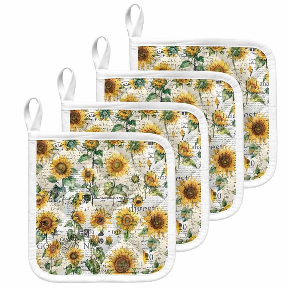 Farmhouse Sunflower Pot Holders for Kitchen Heatproof Potholder, 4 Pack Vintage Summer Botanical Hot Pads Multipurpose Oven Pads Cloth Potholders Trivet for Cooking and Baking